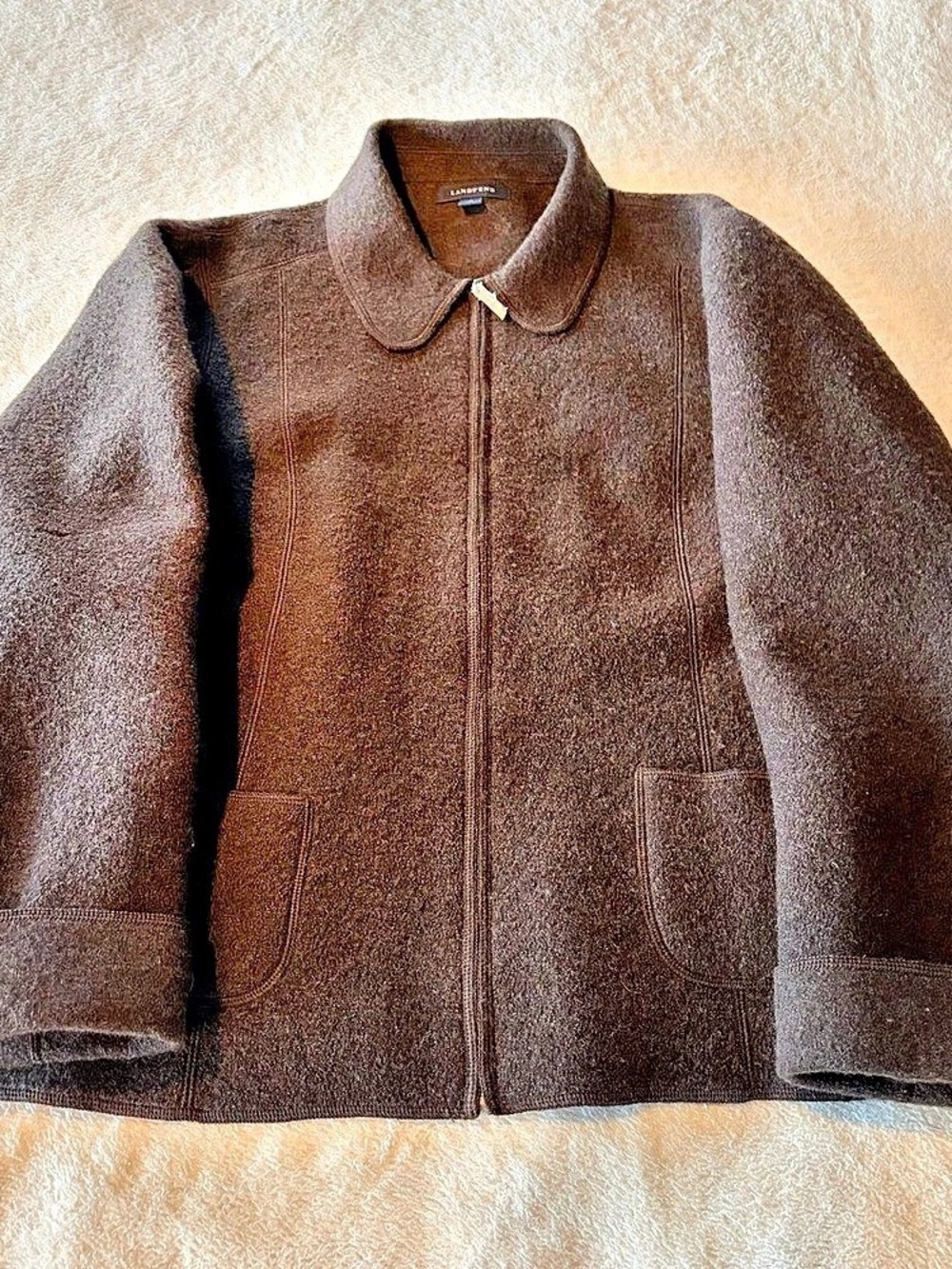 Lands' End Womens Brown Boiled Wool Full Zip Sweater Jacket Cardigan Coat Sz 14.